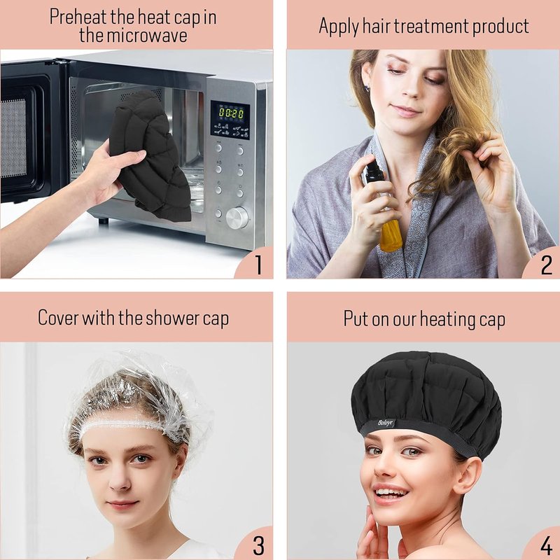 Boloye Flaxseed Deep Conditioning Heat Cap - Cordless Microwave Hot Cap for Natural Curly Hair | Universal Size (10 PCS) - Black