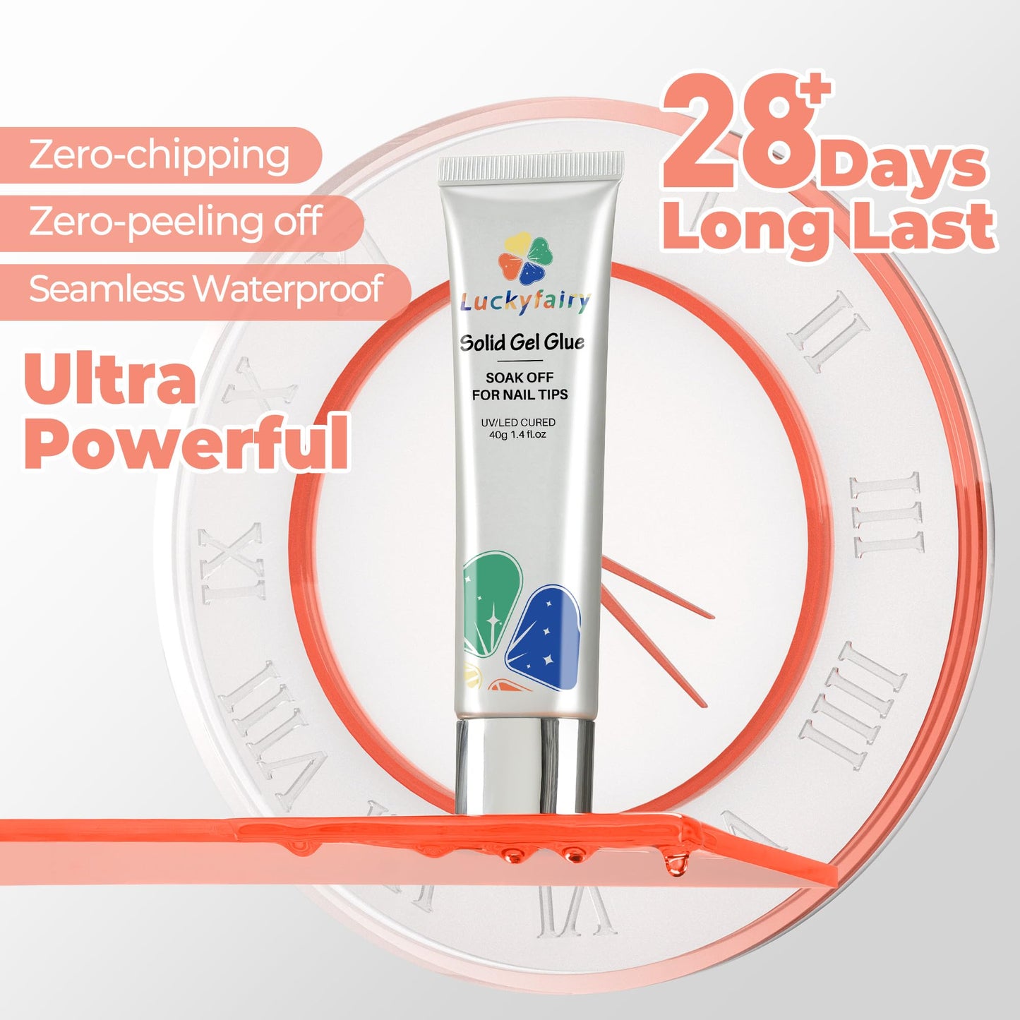 Soft Gel Nail Tips Glue, 4 in 1 40ml Super Strong Nail Glue for Press ons, 28 Days Long Last Solid Glue Gel Soak Off for Acrylic Fake Nails Extension Lamp Curing Needed