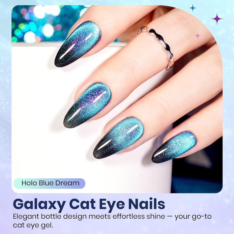 Beetles Cat Eye Gel Nail Polish - 15ML Full Size 9D Cat Eye Chameleon Blue Glitter Gel Polish Magnetic Shimmer Effect Soak Off UV DIY Holo Blue Dream Manicure Gift for Women