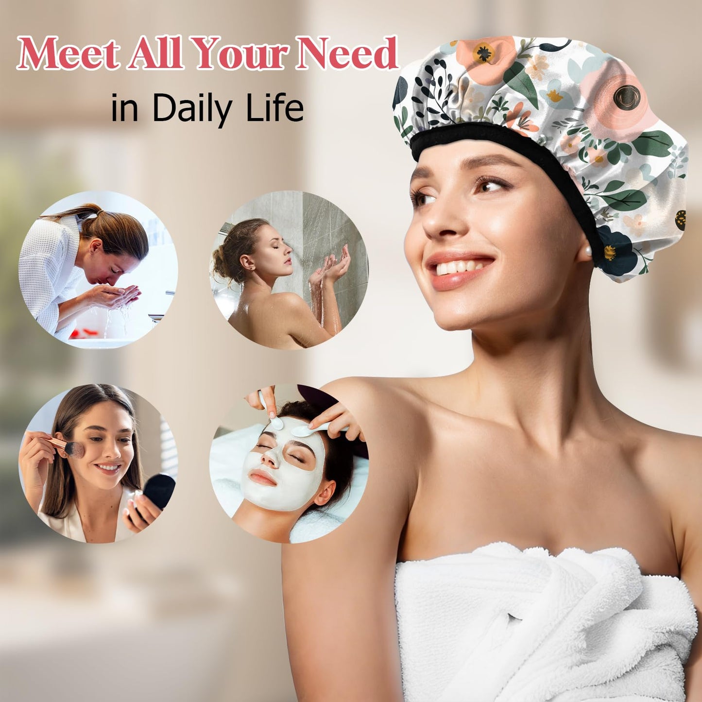 Deokke Luxury Shower Cap Terry Lined Elastic Triple Layer Waterproof Reusable Dry Hair Bathing Caps Aesthetic Cute for Women Girls-Flower