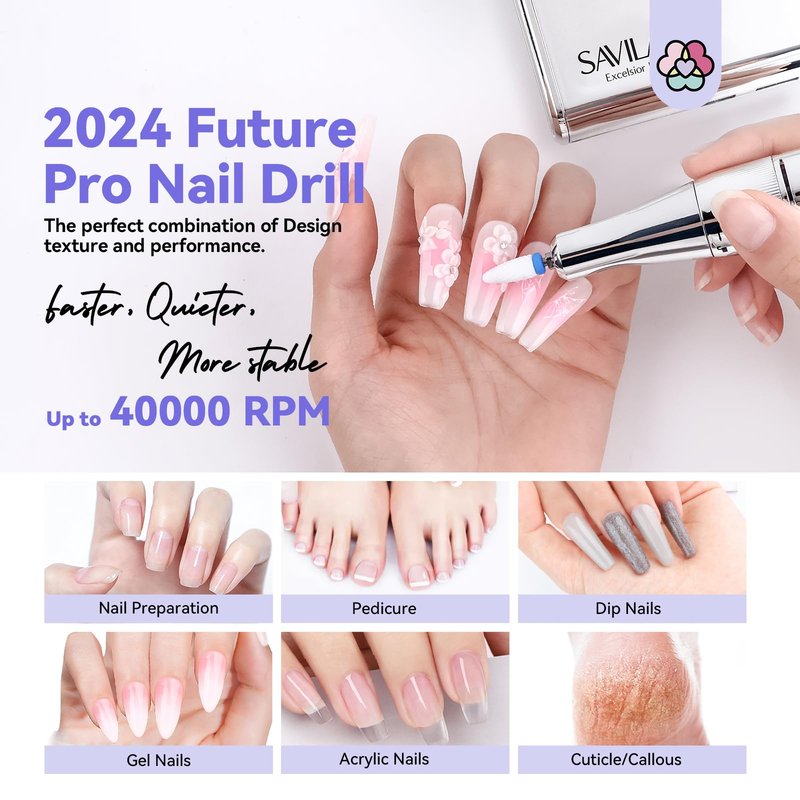 SAVILAND Professional Electric Nail Drill : 40000RPM Portable Nail Drill Kit E File with Drill Bits Rechargeable 6000mAh for Acrylic Gel Nails for Salon Home, Y2K
