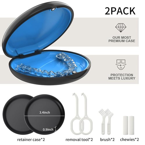 2 Pack Retainer Case, Compatible with Invisalign, Cute Orthodontic Slim Aligner Case with Removal Tool and Brush, Black