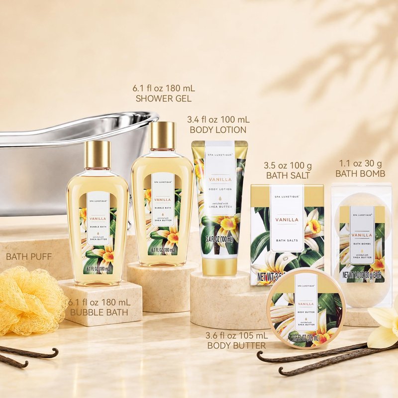 Gift Baskets for Women, Spa Luxetique 8 Pcs Vanilla Mothers Day Gifts for Mom, Birthday Bath and Body Set, Self Care Kit for Her, Including Bubble Bath, Shower Gel, Body Lotion