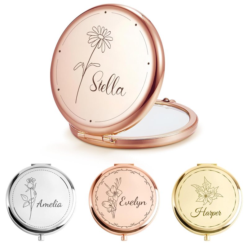 Personalized Compact Mirror – Custom Pocket Mirror with Name, Monogram Travel Purse Mirror for Women, Bridal Shower Favors & Bridesmaid Gifts, Portable Makeup Accessory (Birthday Flowers)