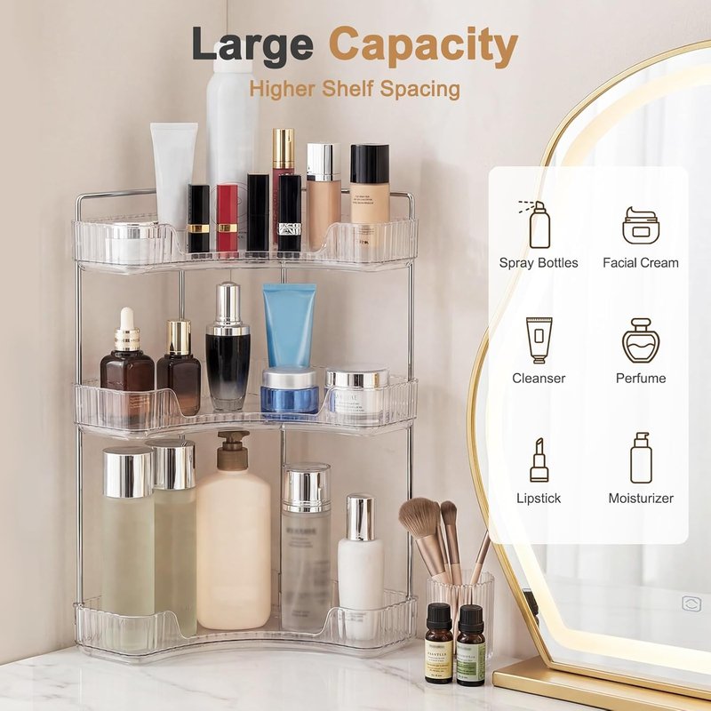 Corner Bathroom Counter Organizer - 3-Tier Clear Vanity Shelf for Makeup & Spice Storage