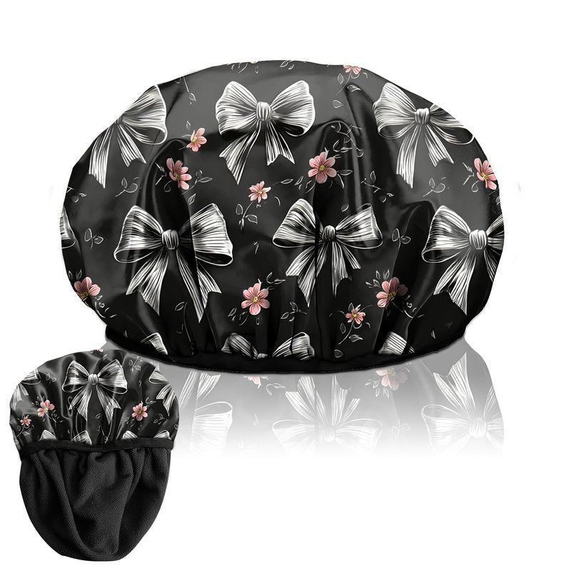 Deokke Luxury Shower Cap Terry Lined Elastic Triple Layer Waterproof Reusable Dry Hair Bathing Caps Aesthetic Cute for Women Girls-Grey black Bowknot