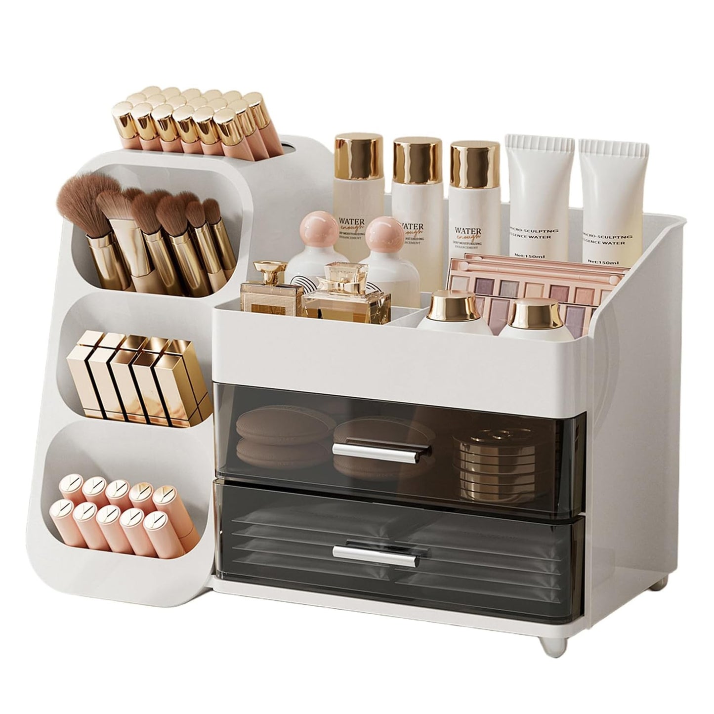 UFORU Makeup Organizer for Vanity with Brush Holder, Large Capacity Bathroom Countertop Skincare Organizer with 2 Drawers, Cosmetic Display Case for Perfumes, Eyeshadow Palettes, Nail Polishes