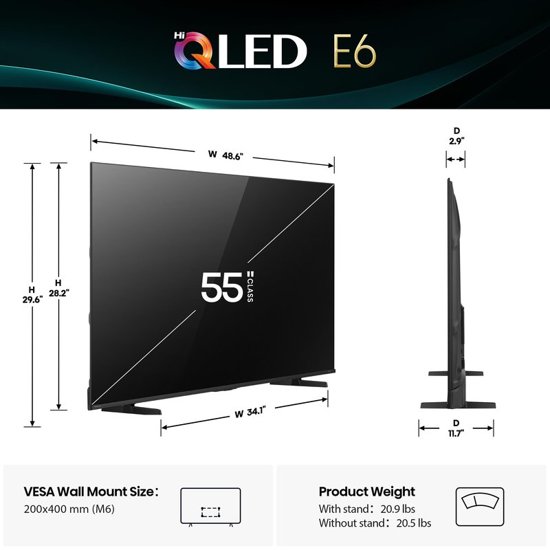 Hisense 55" E6 Cinema Series Hi-QLED 4K UHD Smart Fire TV (55E6QF, 2025 Model) - AI Light Sensor, Dolby Vision · Atmos, Voice Remote with Alexa, Motion Rate 120, HDR 10+ Adaptive, Game Mode Plus