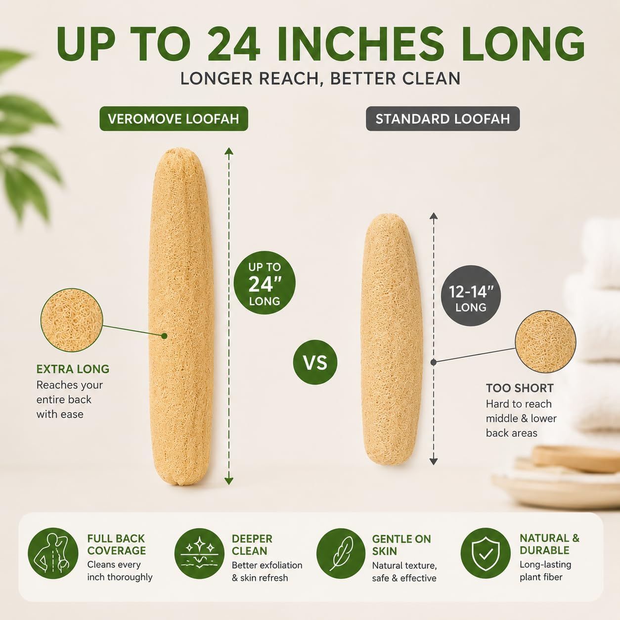 VEROMOVE Extra Long Natural Loofah Sponge, Dried Luffa Shower Sponge, Cut-to-Size Plant Fiber Body Scrubber for Exfoliating
