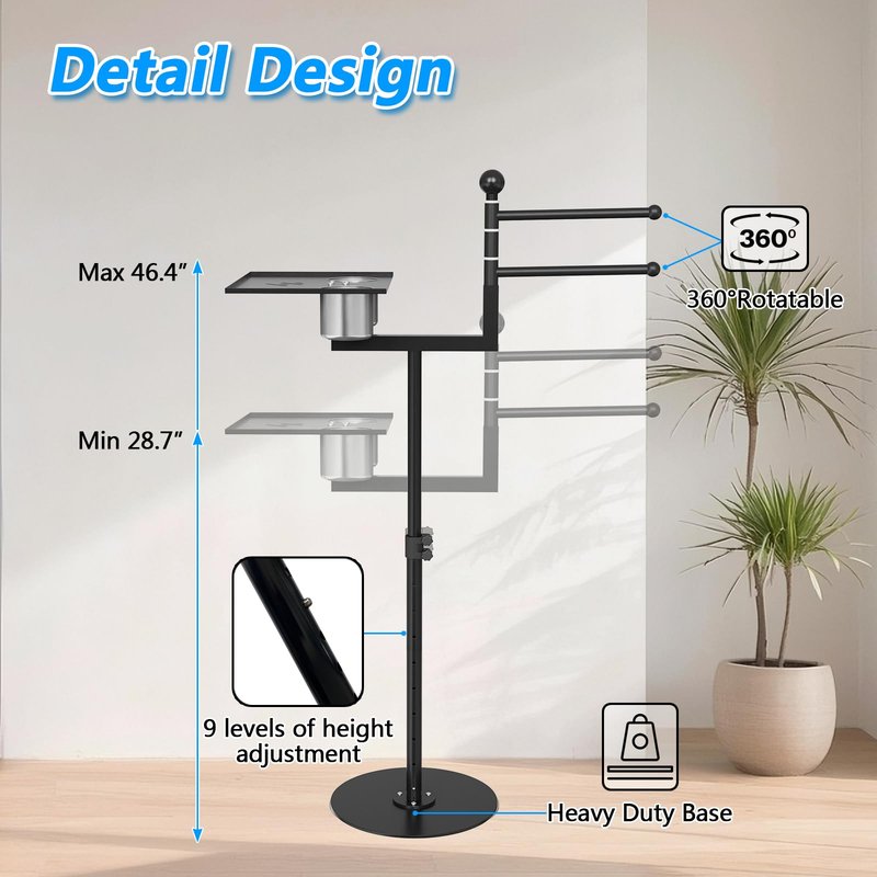 2-in-1 Pool Towel Rack Outdoor, Adjustable Height Poolside/Hot Tub Side Towel Rack Combine 360°Rotating 3-Bar & Tabletop, Space-Saving Freestanding Towel Holder for Poolside, Hot Tub, Patio Area