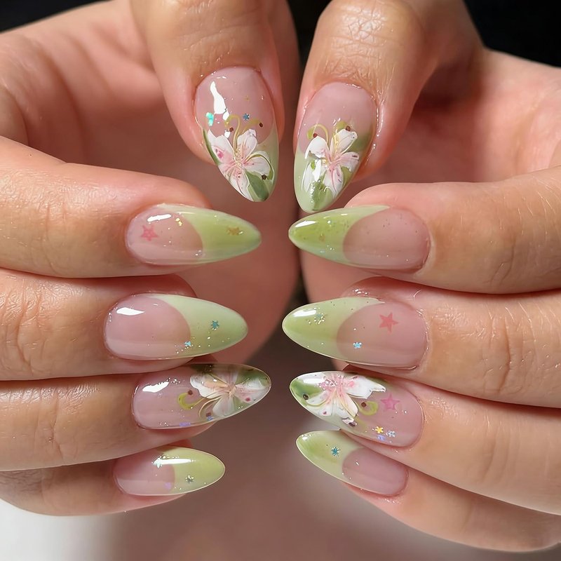 Skiennix 24Pcs Green French Tip Press-On Nails - Medium Almond Shape with Colorful Star & Lily Design