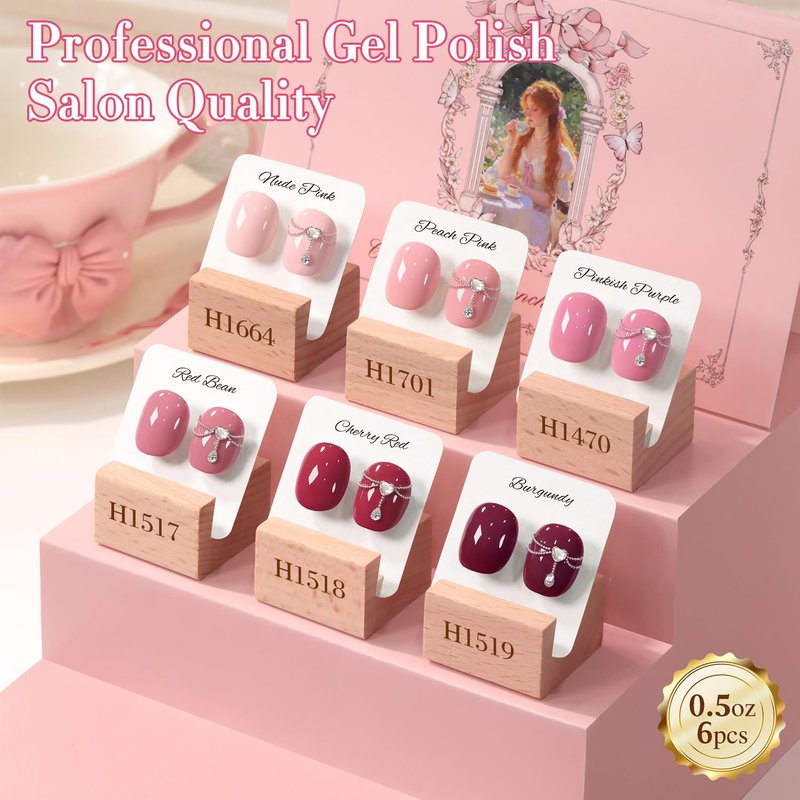 Double Rhythm Gel Polish Set - 6 Pcs Hema-Free Soak Off Nail Art Kit | Neutral Milky Colors (Nude Pink, Rose, Burgundy) 0.50 OZ