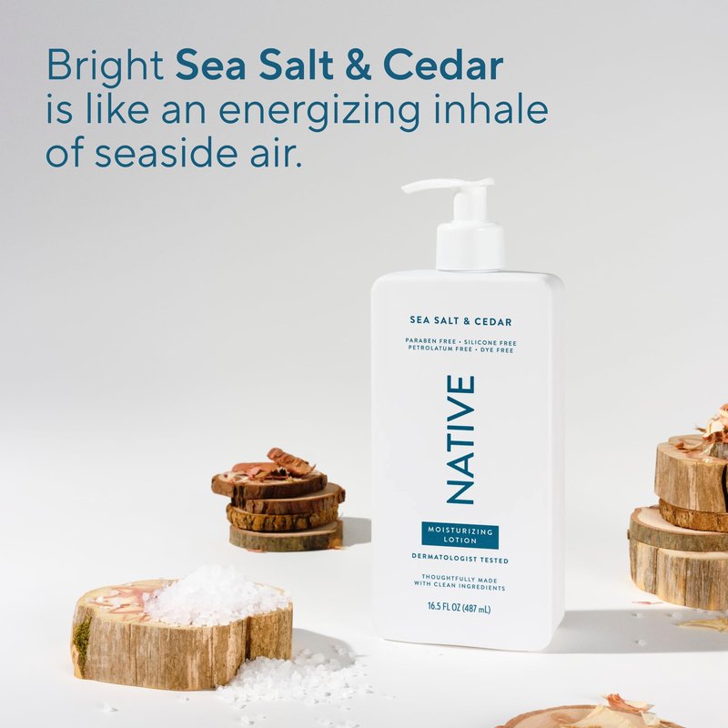 Native Body Lotion, Sea Salt & Cedar, 48-Hour Hydration for Dry & Sensitive Skin, Made with Plant-Based Moisturizers like Shea Butter, Silicone & Paraben Free, 16.5 fl oz