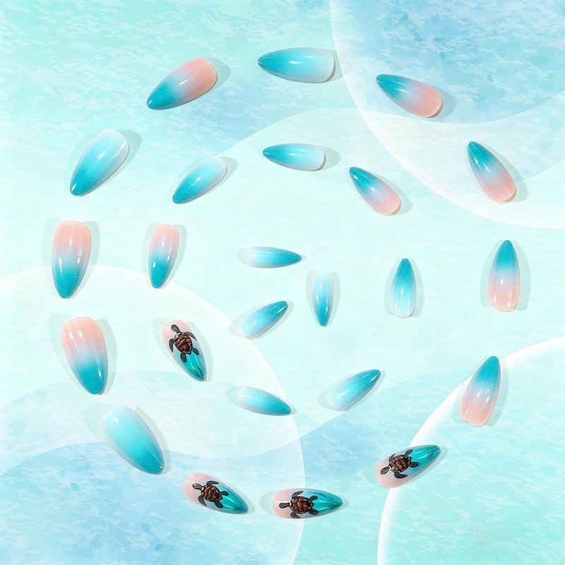 GCSQW Summer Press on Nails Medium Almond, Gradient Green Ocean Fake Nails with Turtle Designs Glossy Acrylic Nails Press ons, 24Pcs Reusable Stick on Nails for Women Manicure