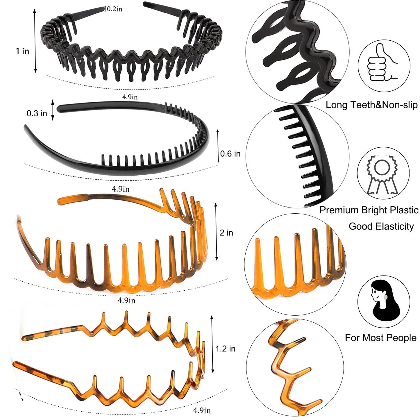 Ultimate 8-Piece Black Plastic Headbands Set - No Slip Design for Women, Men & Teens | Effortless Hair Accessories