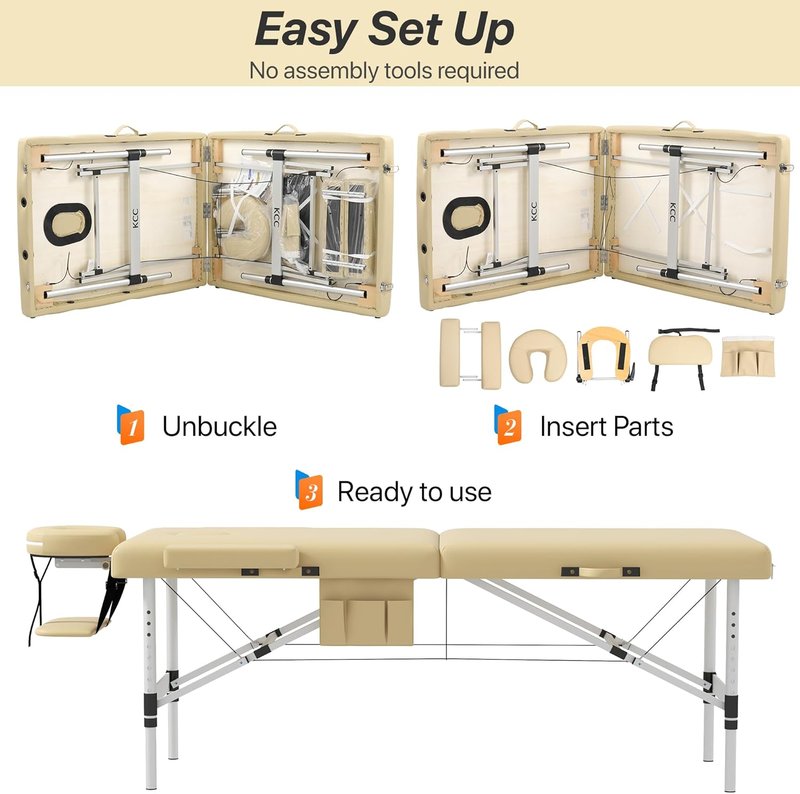 KCC Memory Foam Portable Massage Table - Foldable Height Adjustable Lash Bed | 28" Wide, Lightweight Aluminum, Beige
