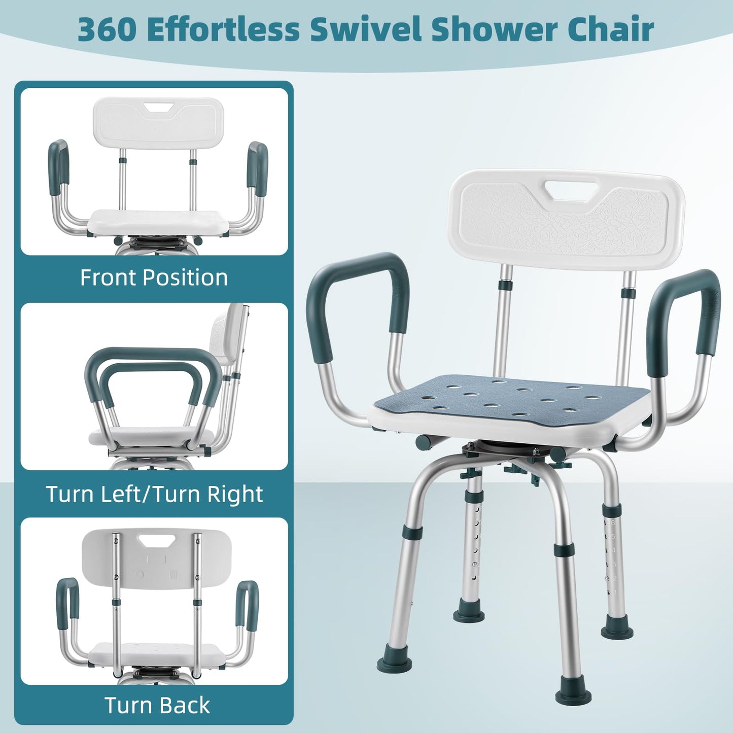 Swivel Shower Chair with Arms and Back, 400 lbs Heavy Duty Shower Stool for Inside Shower Stall and Bathtub, Height Adjustable Rotating Shower Chair Seat for Elderly, Adults, Handicap and Disabled