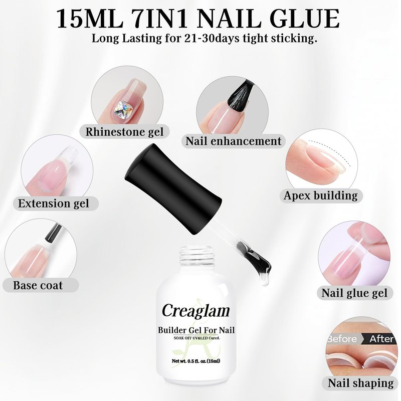 Builder Gel for Nails, 7-in-1 Clear Hard Gel for Rubber Base, Apex Building, Thickening Extensions and Rhinestone Glue, LED/UV Lamp Cured for DIY & Salon and Gift (15ml)