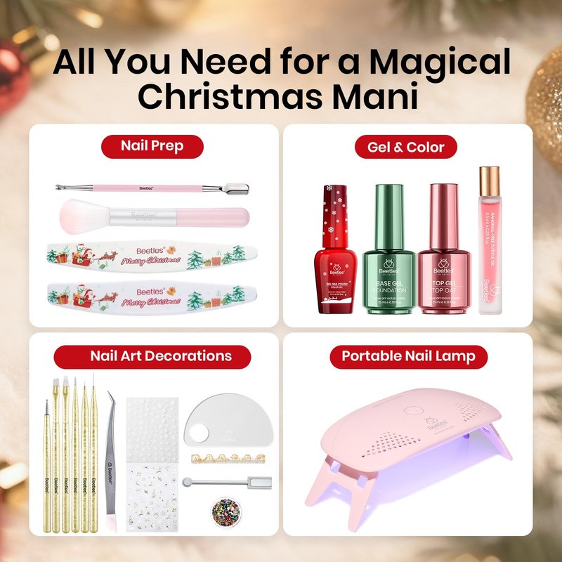 Beetles 27Pcs Gel Nail Polish Kit with U V Light -6 Colors Cat Eye Gel Polish Set Red Jelly Glitter Gold Merry Glitz with Everything Soak Off Home Salon DIY Manicure Set Gifts for Women