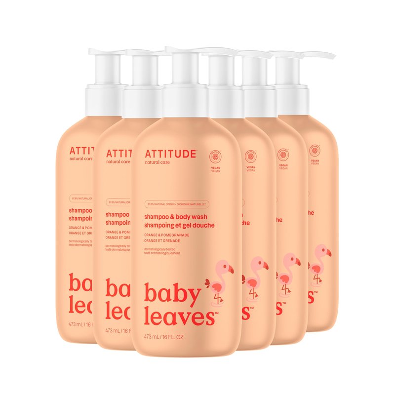 ATTITUDE Baby 2-in-1 Shampoo & Body Wash, EWG Verified, Dermatologically Tested, Vegan, Orange and Pomegranate Scent, 16 Fl Oz (Pack of 6)