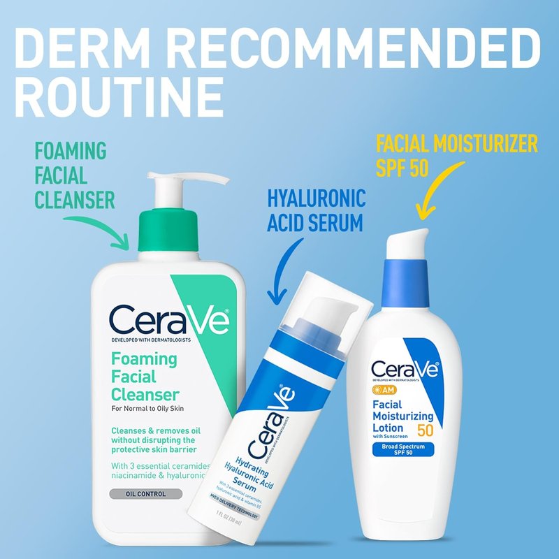CeraVe AM Facial Moisturizing Lotion SPF 50, Face Moisturizer with SPF, Hyaluronic Acid, Niacinamide & Ceramides, Non-Greasy, Blends Seamlessly With No White Cast, Non Comedogenic Sunscreen, 3 Oz