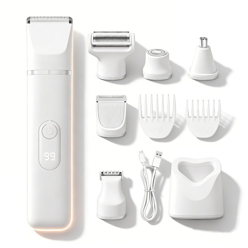 Bikini Trimmer for Women, 5-in-1 Electric Razor for Women, Painless Pubic Hair Trimmer & Body Shaver, IPX7 Waterproof Cordless Rechargeable Grooming Kit for Face, Leg, Underarm, Sensitive Skin, White