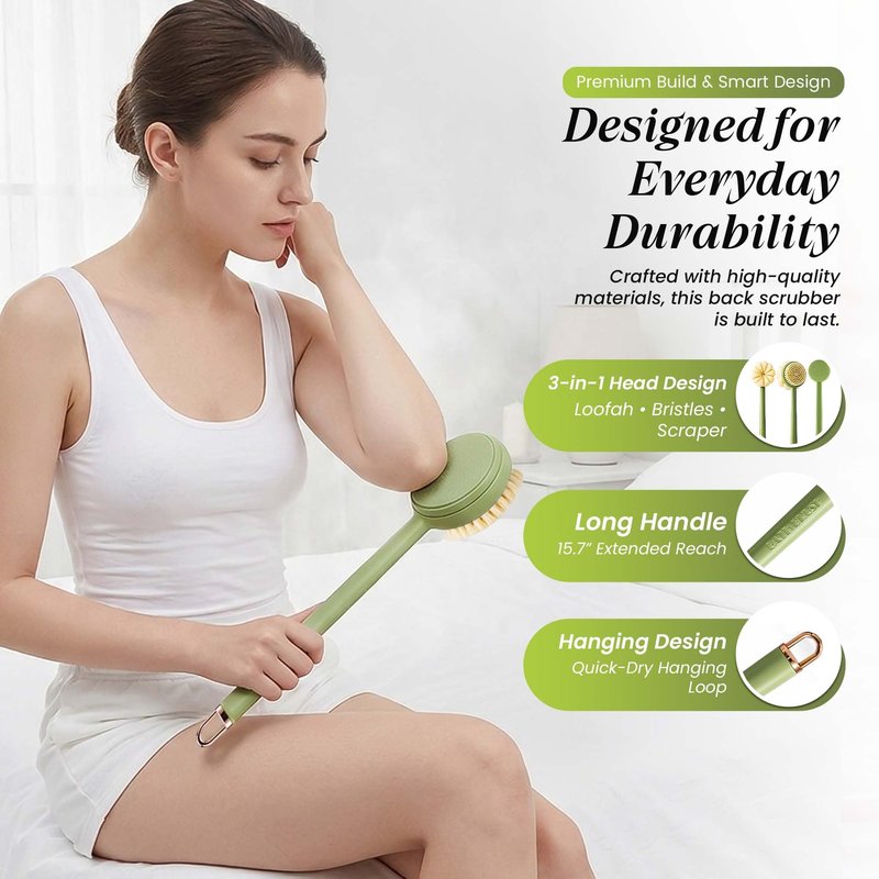 Back Scrubber for Shower with Long Handle (15.7”) – Dual-Sided Bath Brush with Loofah Sponge, Replaceable Heads, Easy Reach for Back & Body, Includes 2 Wall Hooks