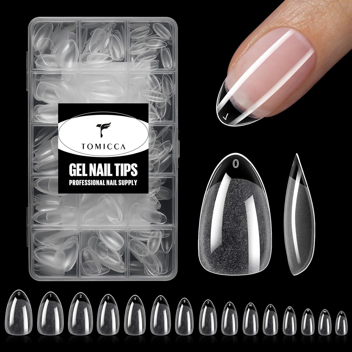 TOMICCA Short Almond Nail Tips - Pre-Shaped Half Matte Clear Full Cover Extensions | 240PCS in 15 Sizes