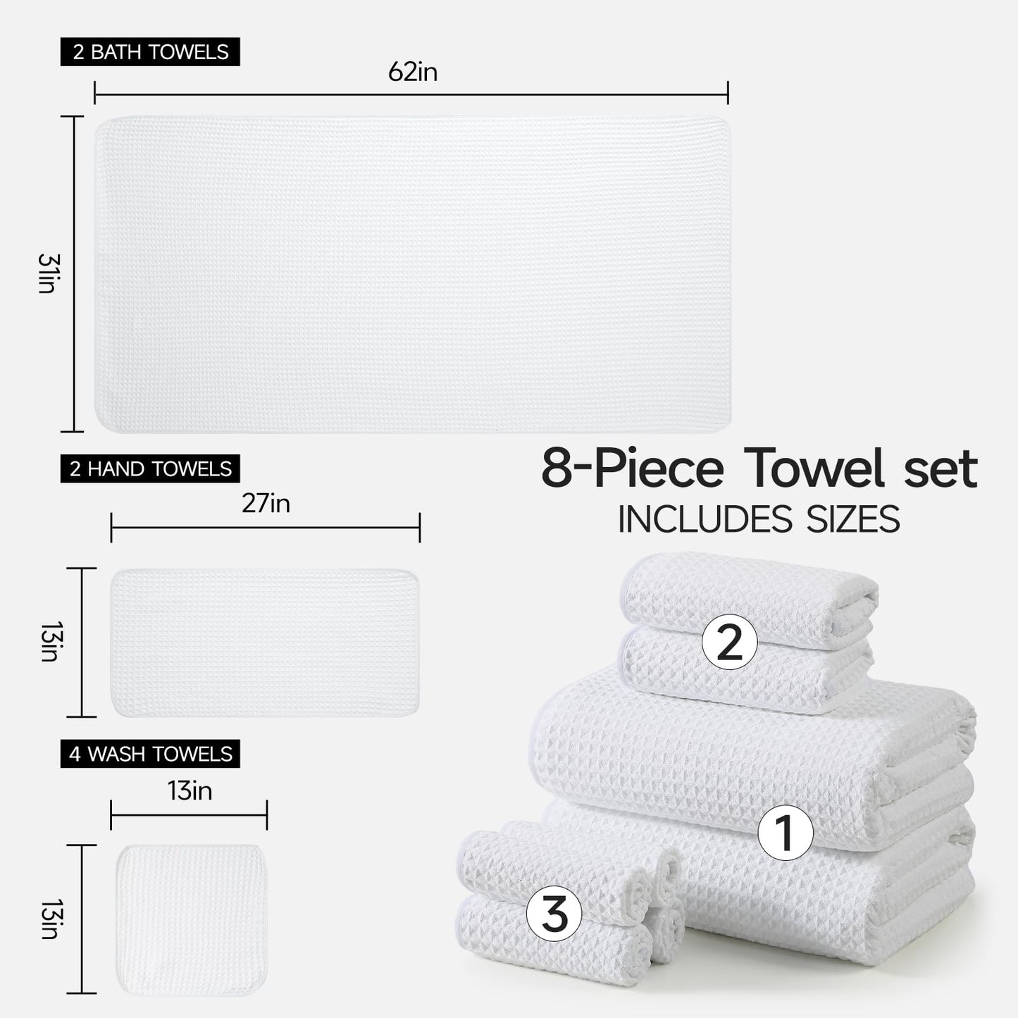 REDKISS Soft 8 Piece Waffle Towel Set, Microfiber, Lighter Weight, Absorbent, Quick Dry, Lint Free Bath Towels for Bathroom, Spa & Hotel – 2 Bath, 2 Hand, 4 Washcloths, White