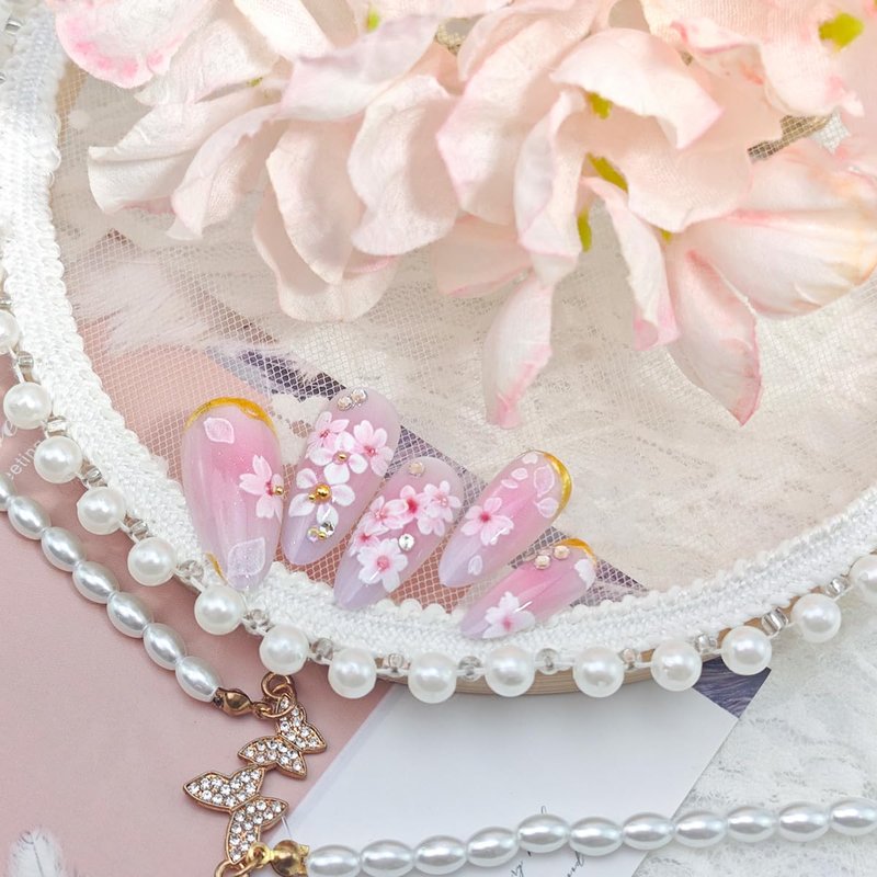 24Pcs Pink Flower Press on Nails Medium Almond Fake Nails Spring Peach Blossom with Rhinestones Gold Beads Glitter Design Cute Floral Full Cover Glue on Nails Acrylic False Nails for Women Manicure