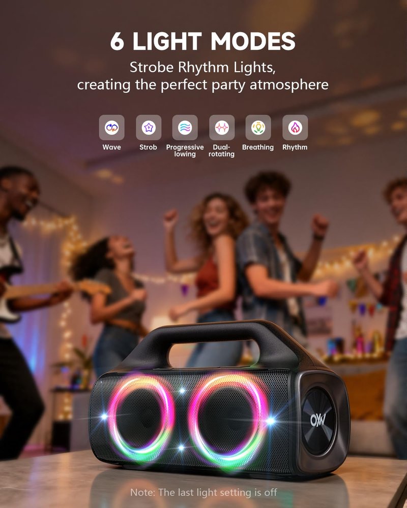 OYW IPX67 Waterproof Bluetooth Speaker:80W(Peak) Loud Outdoor Portable Wireless Party Speakers with LED Lights,20H Playtime,Bluetooth 5.3,Deep Bass & TWS for Pool,Beach