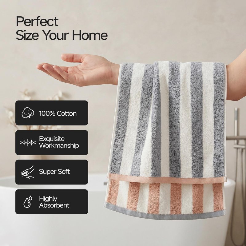REDKISS Striped Hand Towels for Bathroom, Kitchen Decor, Guest Use, Kids & Adults, 100% Cotton, 12” x 28”, 2 Pack