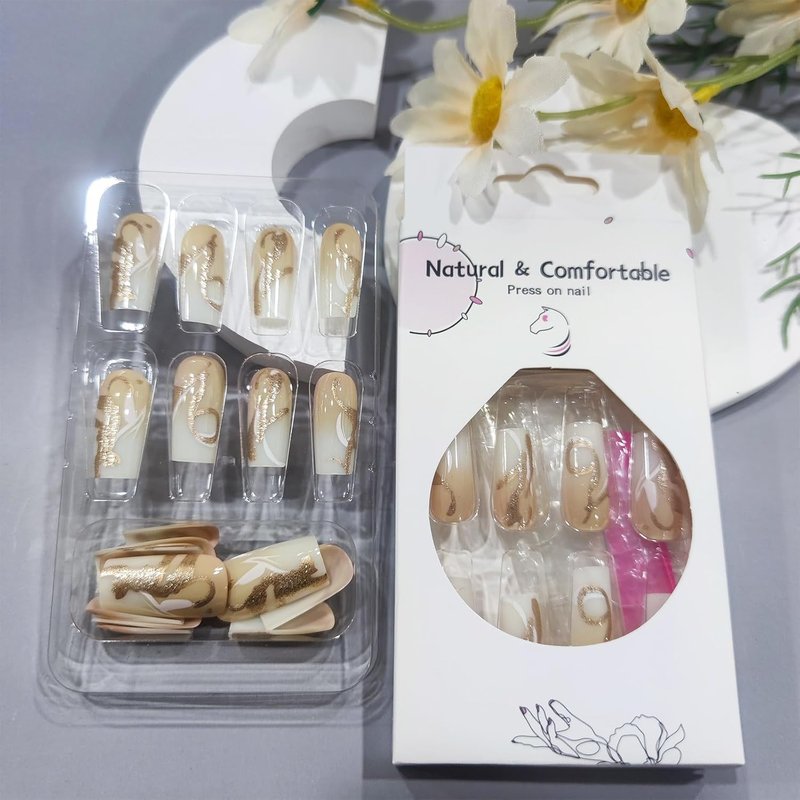 Skiennix Gold Glitter Press-On Nails - Medium Square Acrylic Tips with Curve Lines Design | 24 Pcs Full Cover