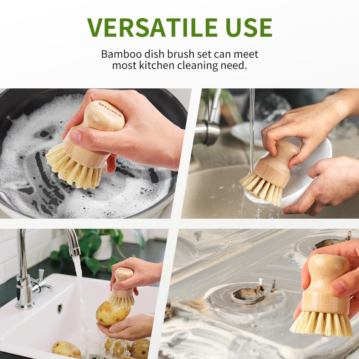 ÖkoStamm 4 Pack Bamboo Dish Brush, Dish Scrubber Brush with Sisal Bristle, Natural Scrub Brush for Kitchen Cleaning Dishes, Pots, Pans, Bottles, Vegetables