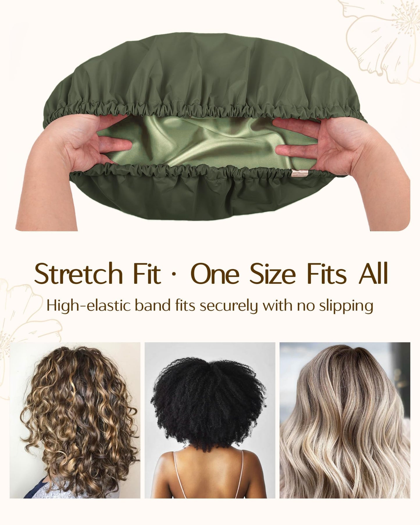 Yanibest Satin Lined Shower Cap for Women Reusable Waterproof, Frizz Free & Large Bath Cap with Soft Elastic Band, Luxury Hair Protection Caps (Green)