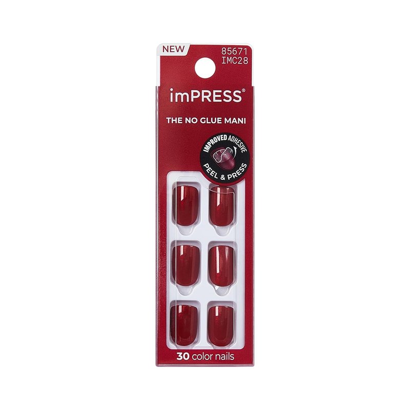 Kiss Impress No Glue Mani Press On Nails, Color, 'Red Velvet', Red, Short Size, Squoval Shape, Includes 30 Nails, Prep Pad, Instructions Sheet, 1 Manicure Stick, 1 Mini File