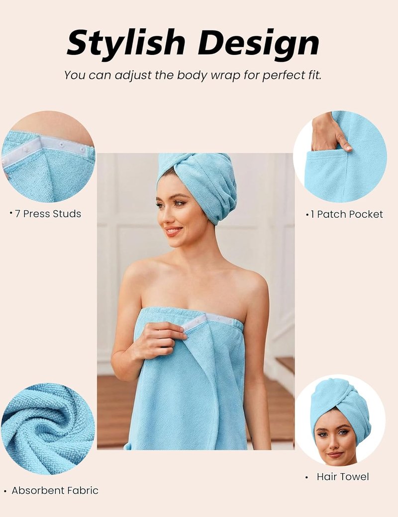 Ekouaer Towel Wrap for Women - Lightweight Knee-Length Spa Bathrobe with Adjustable Closure & Pocket