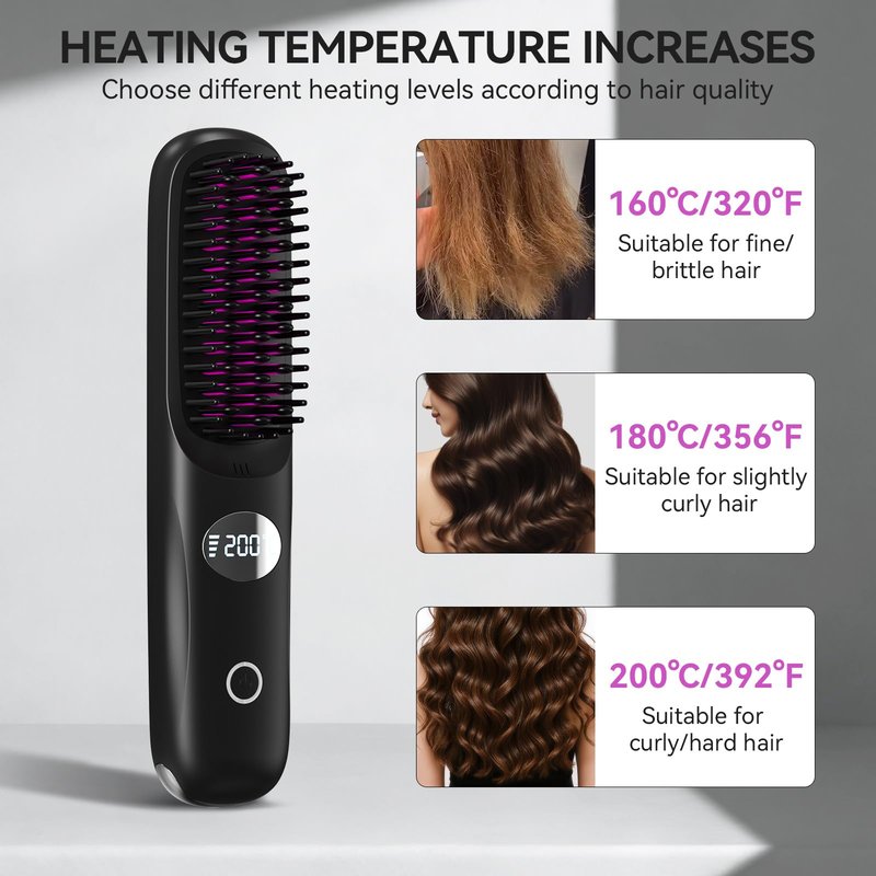 Go Brush Pro 2026 Negative Ionic Cordless Hair Straightener Brush Fast Heating Ceramic Brush for Women Portable Straightener Brush Smooth Frizz Free Hair Brush CP-S8