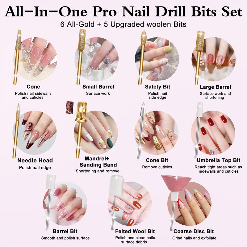 Alety Nail Drill Professional 45000RPM Electric Nail File Kit, Upgraded AC450F Nail Drill Machine for Acrylic Gel Nails, Rechargeable Salon-Grade E-File Set, Manicure Nail Tools with 11 Gold Bits