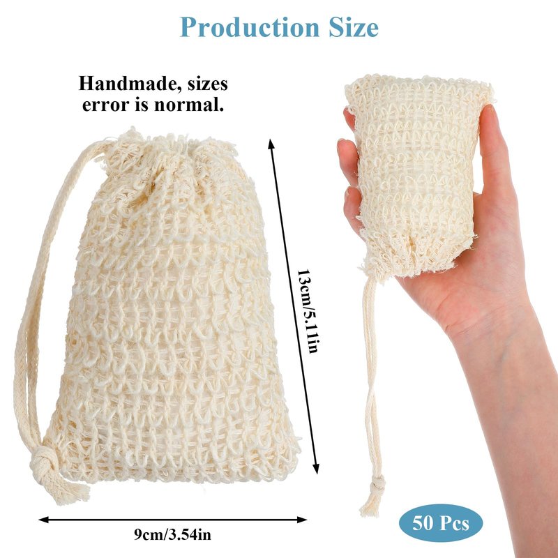 PercyEffie 50pcs Soap Saver Bag mesh soaps bags with Drawstring Exfoliating Pouch Sisal soaps bag loofah pouch soap savers for bar Foaming and Drying Exfoliating Net for Bath and Shower