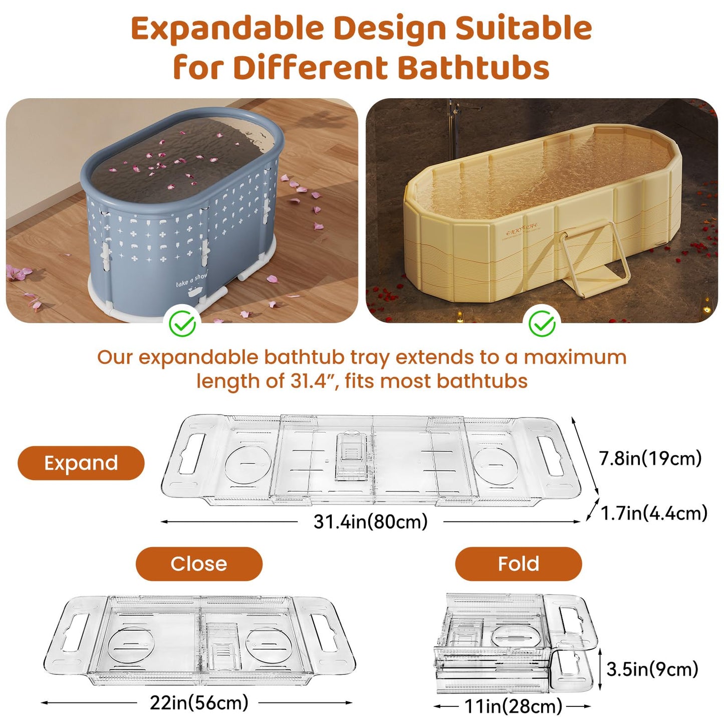 HLCZLUZ Expandable Bathtub Tray, Foldable Bath Tray for Tub, Acrylic Bath Table Trays Storage Rack, Bath Tub Tray for Bathtub & Bathroom Accessories (Transparent Bathtub Tray, 22"L x 7.8"W x 1.7"H)