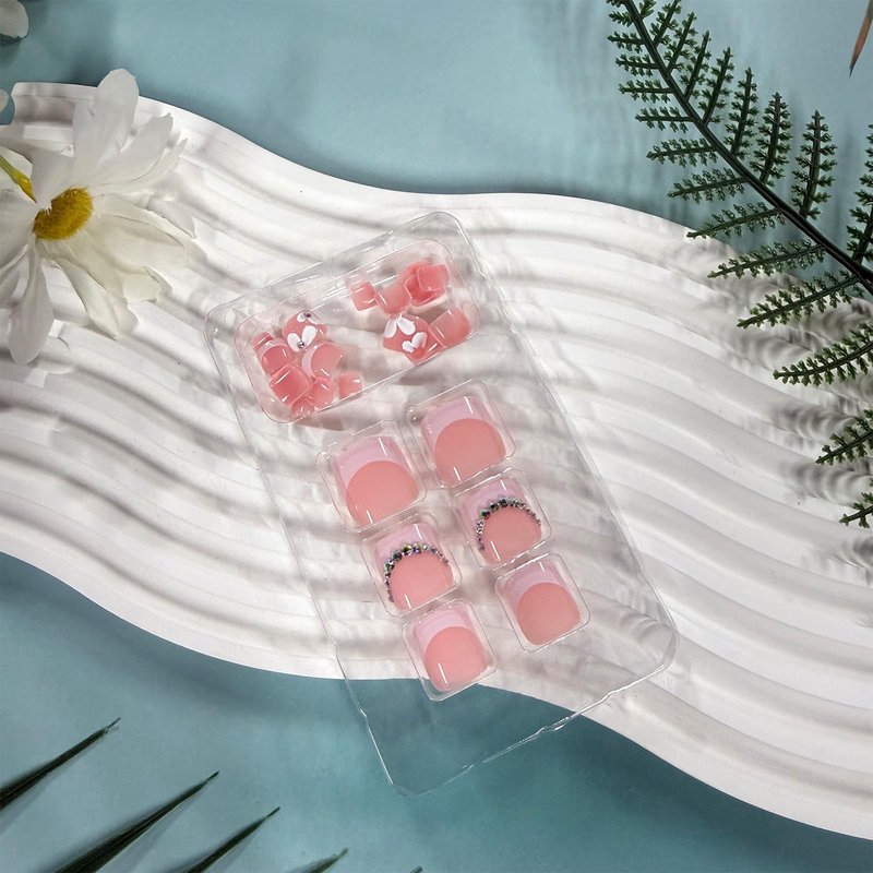 French Tip Press on Toenails Short Square Fake Toe Nails White Petal Toenail Press ons 3D Flower Toe Press on Nails with Rhinestones Design Glossy Pink Acrylic Toenails Summer Nails for Women 24Pcs