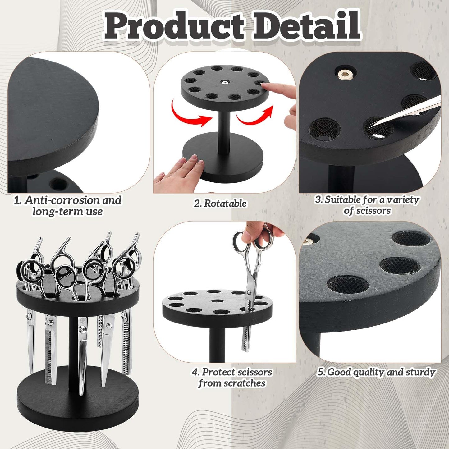 Threehoney 360 Degree Rotating Scissor Holder with 10 Diameter 0.71'' Hole Wooden Barber Shears Holder Salon Hair Stylist Container Stand for Barbershop Grooming Tool Storage, Black