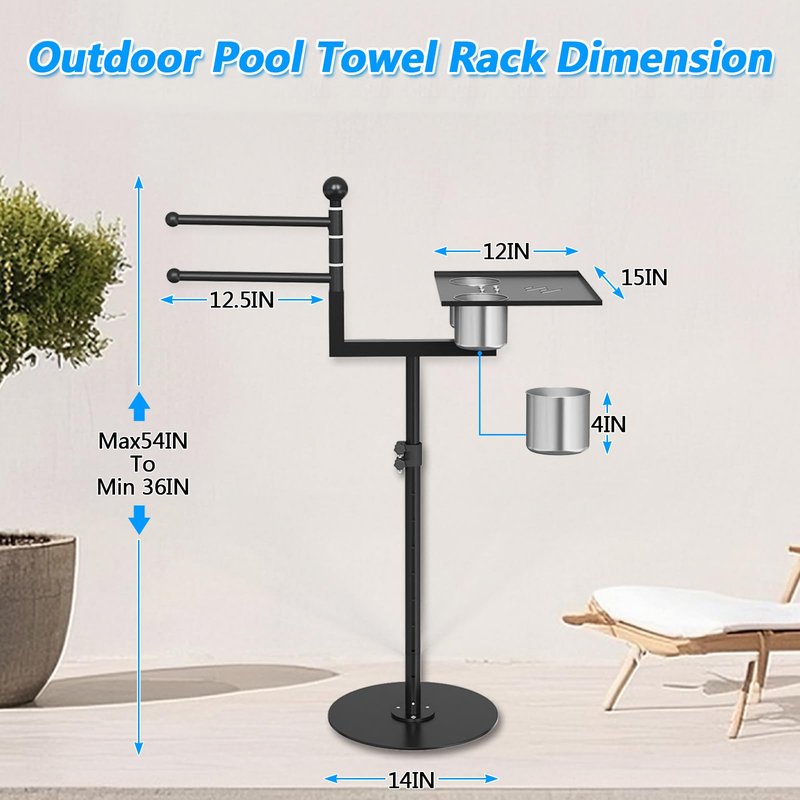 2-in-1 Pool Towel Rack Outdoor, Adjustable Height Poolside/Hot Tub Side Towel Rack Combine 360°Rotating 3-Bar & Tabletop, Space-Saving Freestanding Towel Holder for Poolside, Hot Tub, Patio Area