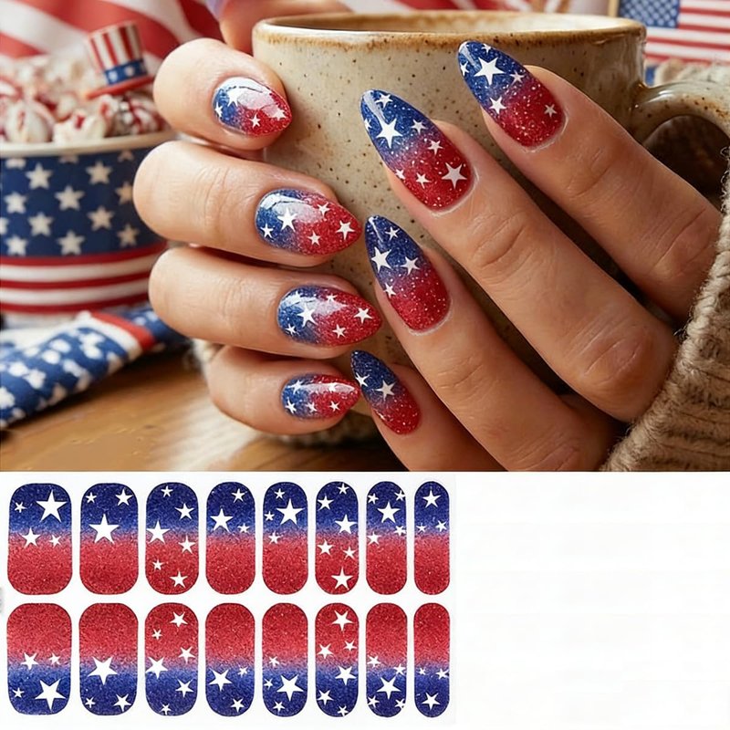 4 Sheets Independence Day Gel Nail Strips 4th of July Patriotic Full Wrap Nail Stickers Self-Adhesive American Flag Star Design Glitter Nail Polish Strips with File, Women DIY Holiday Manicure Decor