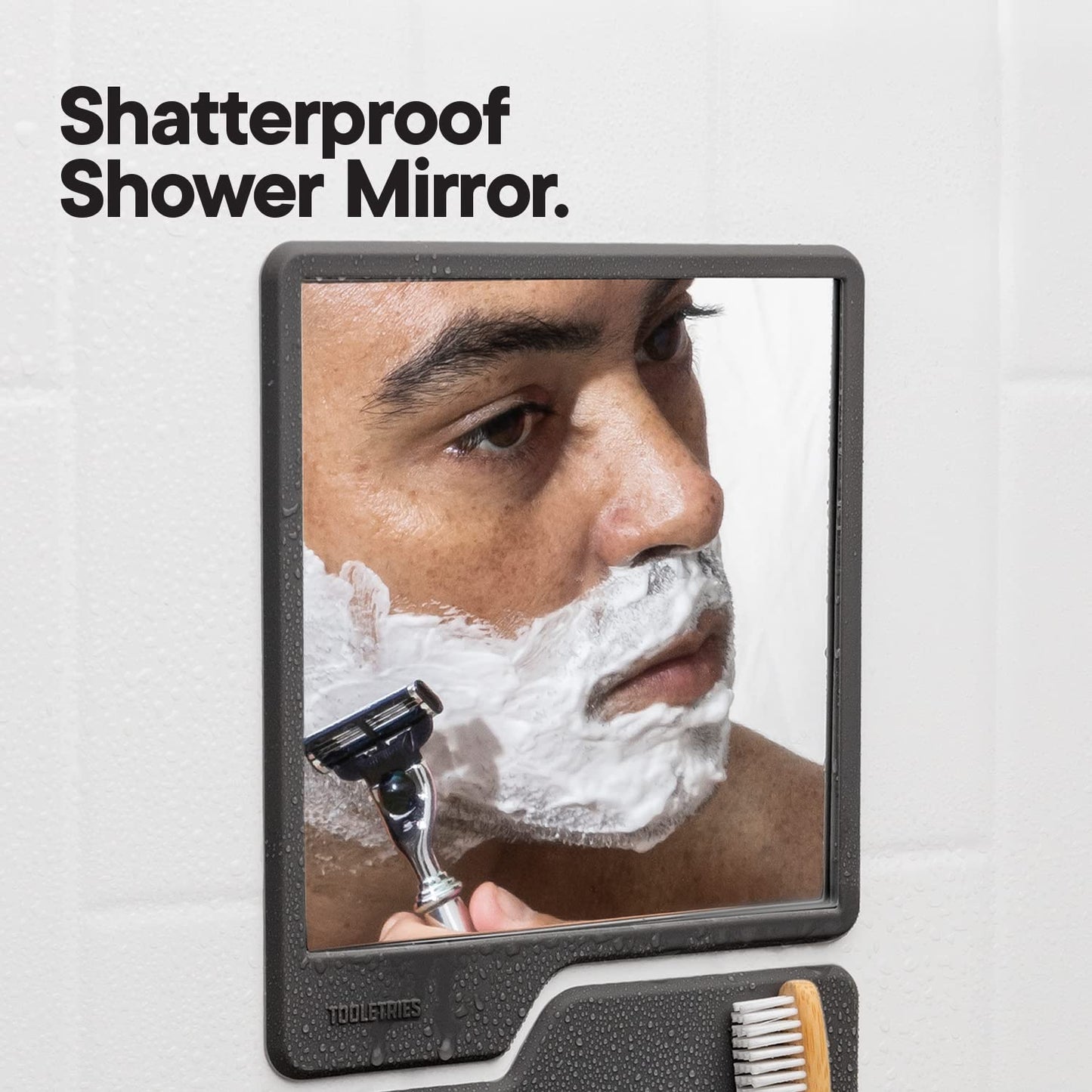 TOOLETRIES The Harvey & Oliver Set, Silicone Wall Mounted Bath & Shower Organizer with Clear-View Shatterproof Grooming & Shaving Mirror, Easy Installation, Removable & Reusable - Charcoal