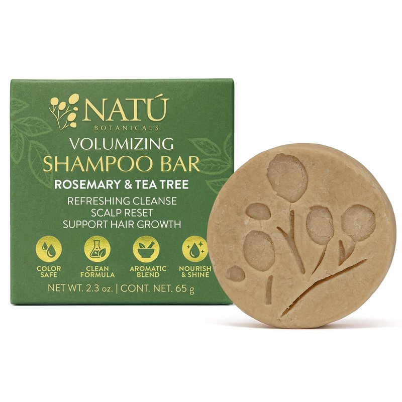 NATÚ BOTANICALS Volumizing Shampoo Bar – Rosemary & Tea Tree Scalp Reset, Lightweight Solid Shampoo for Lift, Shine & Hair Growth Support, Travel-Friendly Sulfate-Free Shampoo Bar, 2.3 oz