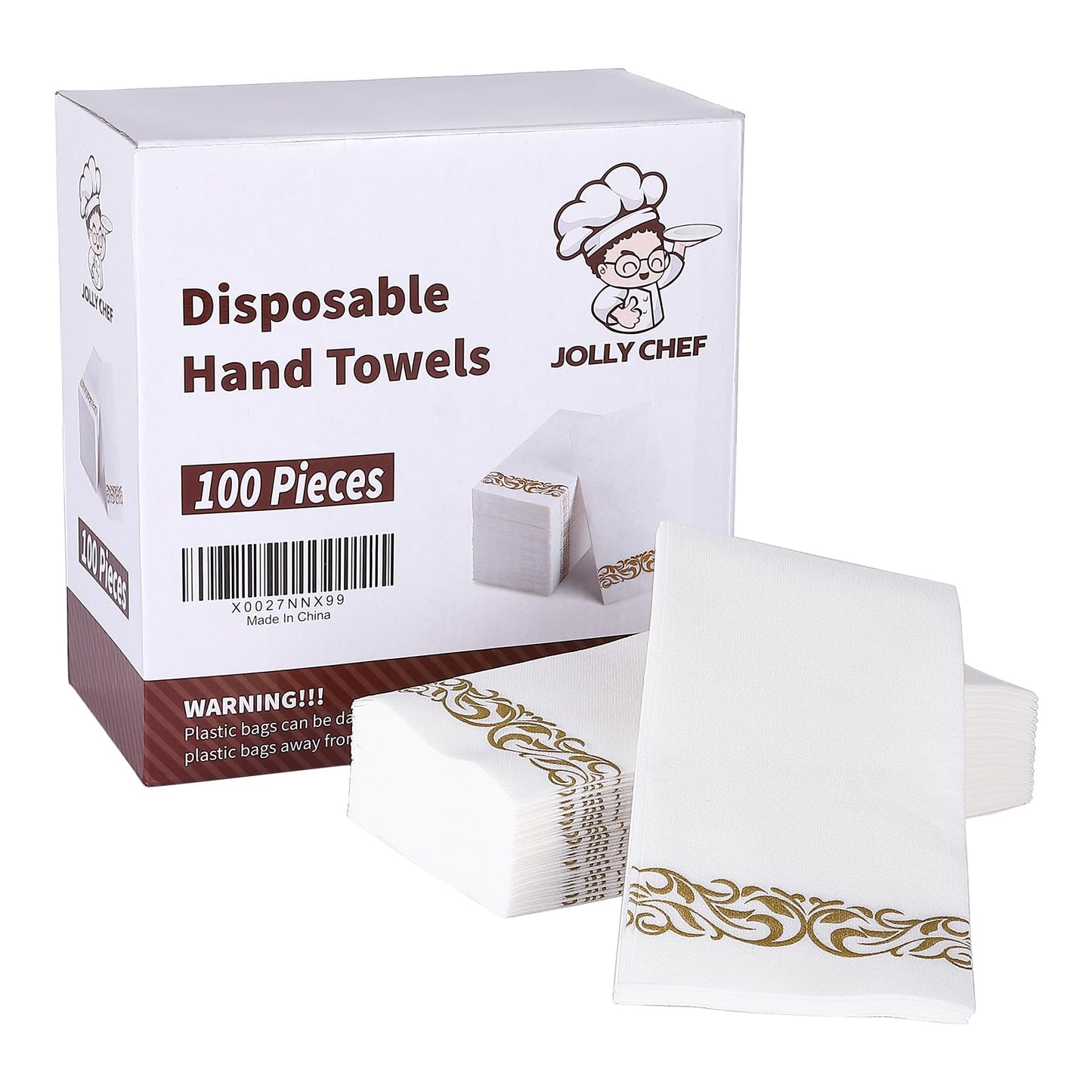 JOLLY CHEF 100 Disposable Hand Towels, Soft and Absorbent Linen Feel Dinner Napkin, Elegant Decorative Paper Guest Towels for Kitchen, Bathroom,Thanksgiving, Weddings,Parties, Gold and White
