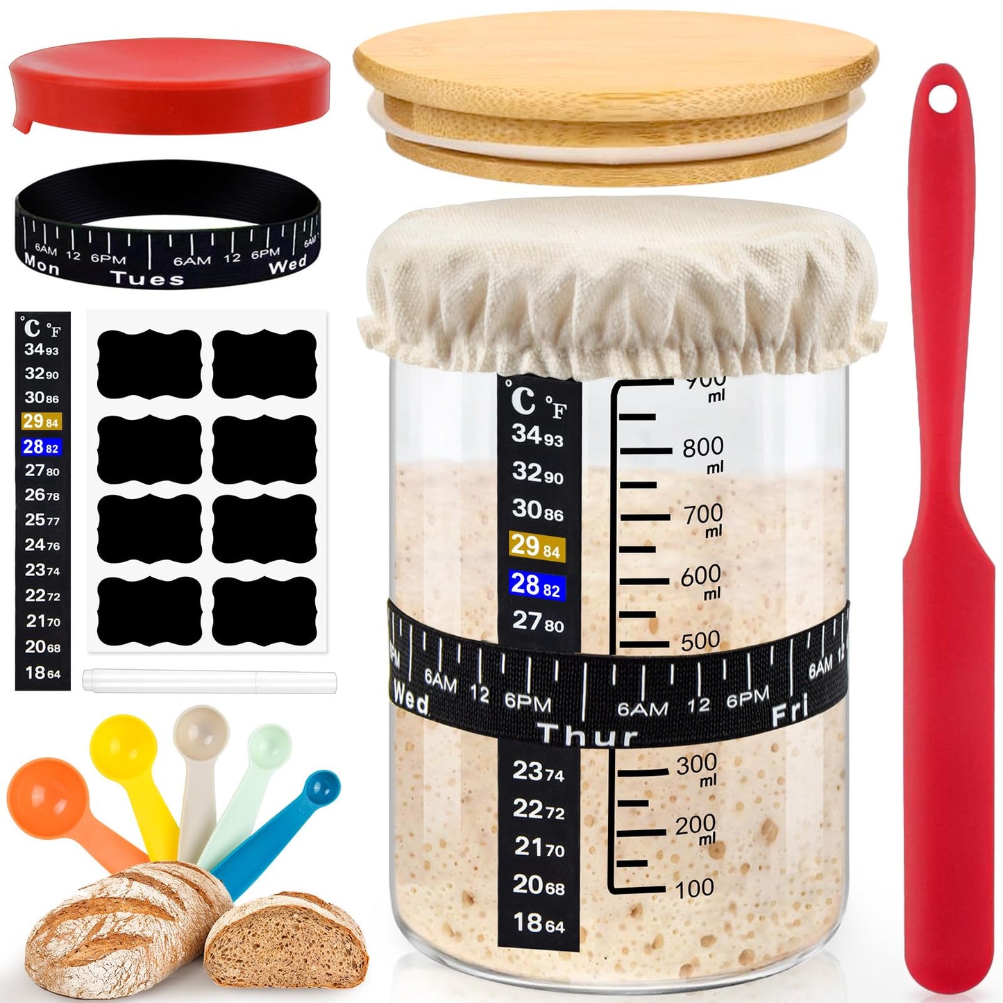 Sysmie Complete Sourdough Bread Starter Kit - 34oz Large Sourdough Bread Baking Supplies, Glass Sourdough Jar with Wide Mouth, Fermentation Jar for Sourdough Bread Loaf Flour with Measuring Spoon