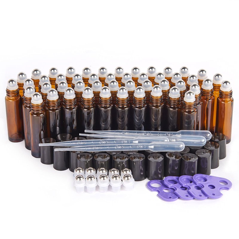 Hoa Kinh Roller Bottles for Essential Oils 10ml 48Pack Empty Amber Glass Perfume Roller Bottles with Stainless Steel Balls Refillable Roller Ball Applicator for Hair, Essential Oil